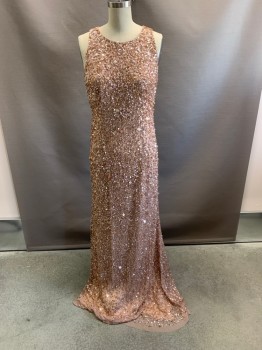 Womens, Evening Gown, ADRIANNA PAPELL, Rose Gold Metallic, Polyester, 4, All Over Sequins, Round Neck, Sleeveless, Zip Back, Floor Length Hem
