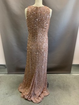 Womens, Evening Gown, ADRIANNA PAPELL, Rose Gold Metallic, Polyester, 4, All Over Sequins, Round Neck, Sleeveless, Zip Back, Floor Length Hem