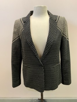 Womens, Blazer, BCBG MAX AZRIA, Black, Cream, Cotton, Polyester, M, Single Breasted, 1 Button, Notched Lapel, 2 Pockets, Small All Over Z Pattern, Large Pattern On Shoulder That Looks Like A Scarf