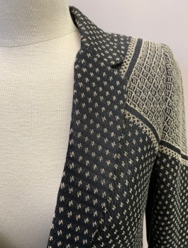 Womens, Blazer, BCBG MAX AZRIA, Black, Cream, Cotton, Polyester, M, Single Breasted, 1 Button, Notched Lapel, 2 Pockets, Small All Over Z Pattern, Large Pattern On Shoulder That Looks Like A Scarf