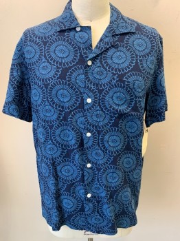 WALLACE & BARNES, Navy Blue, Blue, Silk, Linen, Floral, Short Sleeves, Button Front, Collar Attached, 1 Pocket,