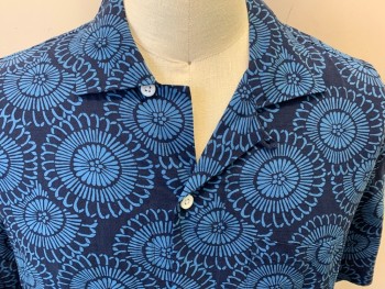 WALLACE & BARNES, Navy Blue, Blue, Silk, Linen, Floral, Short Sleeves, Button Front, Collar Attached, 1 Pocket,