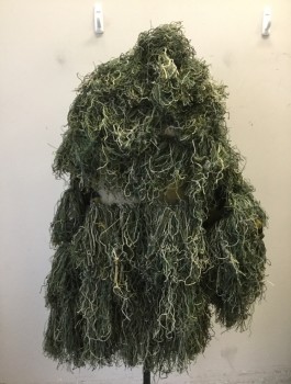 Unisex, Ghillie Suit, Top, ARCTURUS, Olive Green, Dk Olive Grn, Brown, Beige, Nylon, Cotton, Camouflage, O/S, Camo Patterned Mesh/Net Covered in Shades of Olive/Brown/Beige Fringe, Long Sleeves, Snap Closures at Front, Hooded, Hunting Tactical Wear