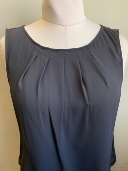 WORTHINGTON, Dk Gray, Polyester, Solid, Sleeveless, Round Neck, Pleated Front, Back Button