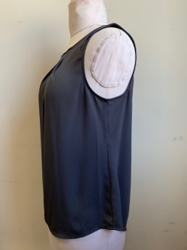 Womens, Blouse, WORTHINGTON, Dk Gray, Polyester, Solid, M, Sleeveless, Round Neck, Pleated Front, Back Button