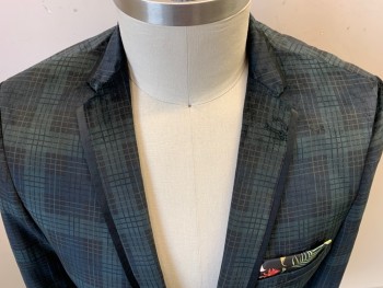 Mens, Sportcoat/Blazer, PAISLEY GRAY, Dk Green, Black, Polyester, Nylon, Plaid-  Windowpane, 42 R, Velvet, Single Breasted, 1 Button,  2 Pocket Flap, with Multi Color Floral Pocket Square