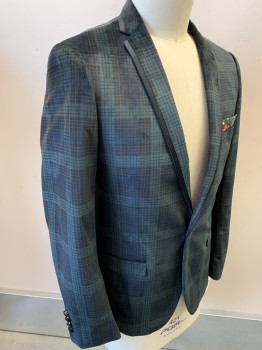 Mens, Sportcoat/Blazer, PAISLEY GRAY, Dk Green, Black, Polyester, Nylon, Plaid-  Windowpane, 42 R, Velvet, Single Breasted, 1 Button,  2 Pocket Flap, with Multi Color Floral Pocket Square