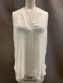 VINCE CAMUTO, Cream, Polyester, Solid, Sleeveless, V Neck, Pleated Collar,