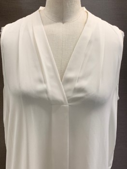 VINCE CAMUTO, Cream, Polyester, Solid, Sleeveless, V Neck, Pleated Collar,