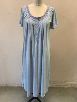 Womens, Nightgown, ADONNA, Lt Blue, Baby Blue, Polyester, Leaves/Vines , M, Jersey, Raglan Cap Sleeves, Scoop Neck, with Lace and Smocking Trim, 7 Button Placket, Box Pleats Around Neckline, Floor Length, Multiples