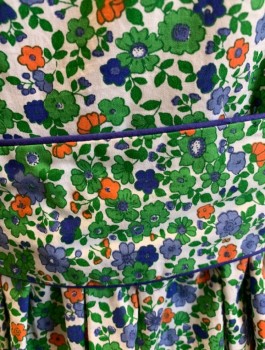 Womens, Dress, Sleeveless, KAYCE HUGHES, Green, White, Blue, Orange, Cotton, Floral, Sz.2, Rounded V-neck, Gathering at Neckline, Gathered Waist, A-Line, Knee Length, Invisible Zipper in Back, Retro, **With Matching Fabric Belt with Royal Blue Piping Edge