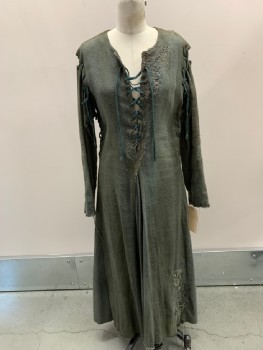 Womens, Historical Fiction Dress, MTO, Gray, Brown, Cotton, Solid, Basket Weave, W 34, C 38, Aged/Distressed,  Lace Up Front, Lace Up L/s, Lace Up Under Arms, Paneled Skirt, Freyed Hem & Cuffs, Assorted Mends Throughout