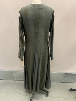 Womens, Historical Fiction Dress, MTO, Gray, Brown, Cotton, Solid, Basket Weave, W 34, C 38, Aged/Distressed,  Lace Up Front, Lace Up L/s, Lace Up Under Arms, Paneled Skirt, Freyed Hem & Cuffs, Assorted Mends Throughout