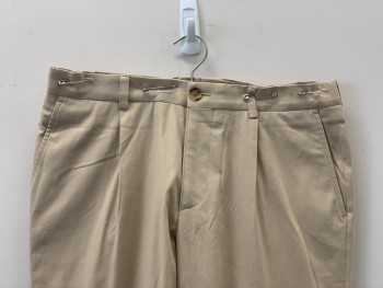 Mens, Casual Pants, SERJ, Khaki Brown, Polyester, Cotton, Solid, 36/34, Pleated, Side And Back Pockets, Zip Front, Belt Loops,