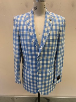 Mens, Sportcoat/Blazer, EJ SAMUEL, Baby Blue, White, Gray, Polyester, Rayon, Plaid, 38R, Peaked Lapel, Single Breasted, Button Front, 2 Buttons, 3 Pockets, Black Crown Pin On Lapel