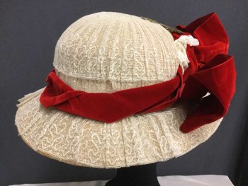 E.T. Slattery Co, Ecru, Red, Olive Green, Straw, Rayon, Solid, Wide Rounded Crown Straw Completely Covered In Pleated Lace. Large Velvet Ribbon Twisted Band and Wired Bow, Very Good Condition