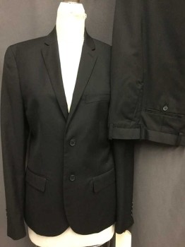 Mens, Suit, Jacket, H&M, Black, Polyester, Solid, 36R, Single Breasted, Notched Lapel, 2 Buttons, 3 Pockets,