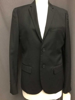 Mens, Suit, Jacket, H&M, Black, Polyester, Solid, 36R, Single Breasted, Notched Lapel, 2 Buttons, 3 Pockets,