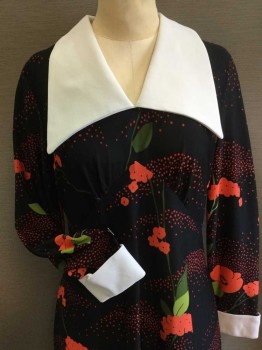 SEMON FRELICH, Black, Red, Orange, Olive Green, Lime Green, Polyester, Floral, Polka Dots, DRESS-LONG:  Black W/red,orange Polka Dots, Orange, Off White Flower, Olive/lime Leaves, Off White Large Collar Attached and Long Sleeves Cuffs, Zip Back, See Photo Attached,