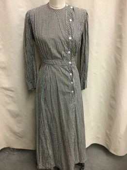 N/L, Black, Off White, Cotton, Gingham, L/S, Round Neck,  Asymmetrical Closure At Torso with Buttons At Right Shoulder and Down Side Front, Bttn Placket Extends Past Waist To Hip, 1" Waistband, Puffy Sleeves Gathered At Shoulders, 2 Vertical Pleats At Each Shoulder, Forms V Shape Panel Down CB, Floor Length Hem,