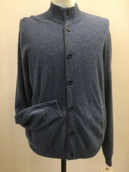 Mens, Cardigan Sweater, SAKS 5TH AVE, Dusty Blue, Gray, Cashmere, Solid, L, Bar Code Left Armhole, Button Front, Long Sleeves, Rib Knit Moc Neck/ Cuffs/ Waistband, 7 Buttons,  2 Vertical Welt Pocket, Trims in Gray Ultrasuede