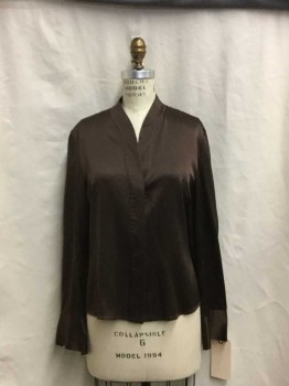 Grace Dane Lewis, Brown, Silk, Solid, Long Sleeves, Button Front, Hidden Buttons, Stitching Detail On Collar and Front