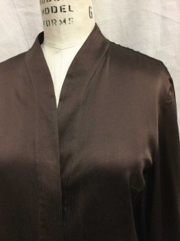 Grace Dane Lewis, Brown, Silk, Solid, Long Sleeves, Button Front, Hidden Buttons, Stitching Detail On Collar and Front