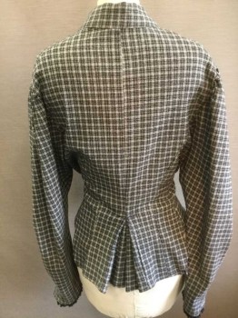 N/L, Gray, Black, White, Cotton, Lace, Check , Plaid, Long Sleeve Button Front, Stand Collar, Pleats At Center Front Button Placket with Black Lace Trim At Either Edge, Black Lace At Cuffs, Pleated Vent At Center Back Hem, Made To Order,