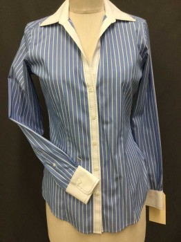 BROOKS BROTHERS, Baby Blue, White, Black, Cotton, Stripes - Vertical , BLOUSE:  Dark Baby Blue W/white & Blue Vertical Stripes, Collar Attached & Center Front Placket W/blue Hand Stitches, Button Front, Long Sleeves W/white Cuffs & Matching Blue Hand Stitches