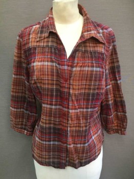 TALBOTS, Multi-color, Red, Rust Orange, Red Burgundy, Blue, Cotton, Plaid, 3/4 Sleeve, Button Front, Collar Attached, Smocked Below Yoke At Center Front Chest