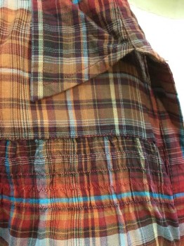 TALBOTS, Multi-color, Red, Rust Orange, Red Burgundy, Blue, Cotton, Plaid, 3/4 Sleeve, Button Front, Collar Attached, Smocked Below Yoke At Center Front Chest
