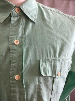 POLO RL, Sea Foam Green, Linen, Solid, Sea Foam Green, Button Front, Collar Attached, Long Sleeves, 2 Flap Pockets