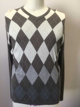 Mens, Pullover Sweater, BANANA REPUBLIC, Taupe, Cream, Gray, Silk, Cashmere, Argyle, XL, Knit, V-neck, Long Sleeves