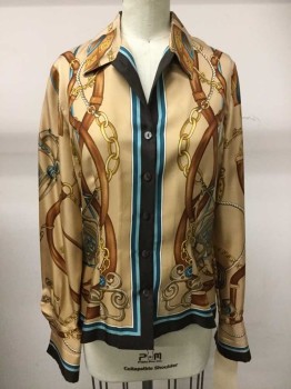 DANA BUCHMAN, Tan Brown, Brown, Turquoise Blue, Teal Blue, Gold, Silk, Novelty Pattern, Long Sleeves, Button Front, Collar Attached,  Bridal Print French Cuffs,