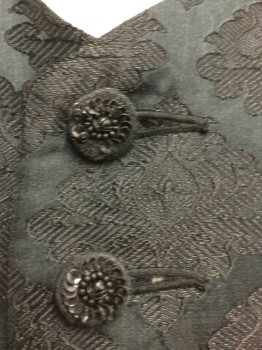 Mens, Historical Fiction Vest, N/L , Black, Teal Blue, Diamonds, Floral, 40, VEST:  Teal Blue, Floral W/black Diamond Embossed, V-neck, 3/4 Length, 18 Button Front, 2 Pockets Bottom W/flap & Matching Button