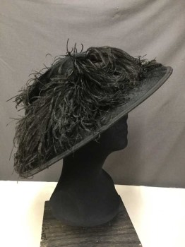 Black, Feathers, Synthetic, Wide Brim, Big Plume Black Feathers, Synthetic Mohair and Velvet Brim Lining,