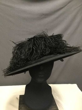 Black, Feathers, Synthetic, Wide Brim, Big Plume Black Feathers, Synthetic Mohair and Velvet Brim Lining,