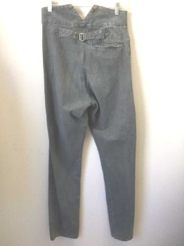 Mens, Historical Fiction Pants, N/L, Gray, Slate Blue, Cotton, Stripes - Pin, Ins:36, W:30, Gray with Slate Blue Pinstripes, Canvas, Silver Suspender Buttons at Outside Waist, Button Fly, Reproduction "Old West" Wear