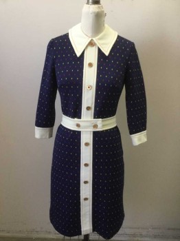 N/L, Navy Blue, Off White, Red, Yellow, Polyester, Dots, Navy with Oval Shape Red and White Dots Pattern, Off White Center Front Button Placket, Cuffs, and Collar, Long Sleeves, Red Top Stitching on Off White Accents, Gold Buttons Sewn with Red Thread Down Center Front, Shift Dress, Knee Length, Invisible Zipper at Center Back, Late **2 Piece with Matching Off White Fabric Belt with Red Topstitching, 2 Button Closures