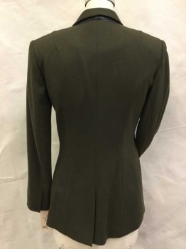 Womens, Blazer, RAG & BONE, Olive Green, Wool, Nylon, Solid, XS, Single Breasted, 2 Buttons,  Peaked Lapel, 3 Pockets, Black Leather Detail Under Collar