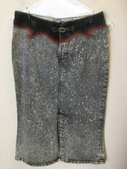 Womens, Skirt, Below Knee, G BRAND, Heather Gray, Navy Blue, Brown, Cotton, Leather, Heathered, Solid, 6, Heather Gray Denim W/faded Navy, Peachy-brown Trim Waistband W/short Small Belt & Brass Buckle, Fitted, Split Center Front & Center Back, 2" Zip Front,
