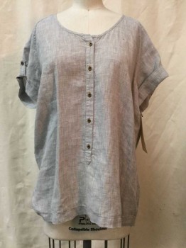 EILEEN FISHER, Heather Gray, Linen, Heather Gray, Button Front, Scoop Neck, Cuffed Short Sleeves,