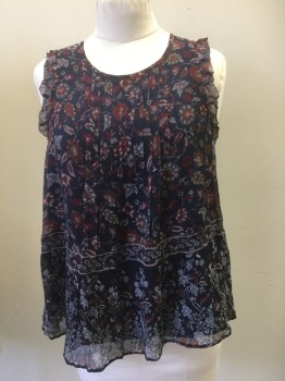 JOIE, Navy Blue, Wine Red, Sage Green, Brown, Beige, Silk, Floral, Floral Print on Chiffon Plisse. Scoop Neck with Pleated Detail. 1 Button Closure at Center Back Slit Neck.. Self Ruffled Armholes