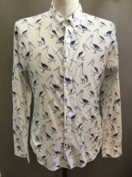 BONOBOS, White, Navy Blue, Cotton, Novelty Pattern, White with Navy Novelty Pelicans Pattern, Long Sleeve Button Front, Collar Attached, Button Down Collar