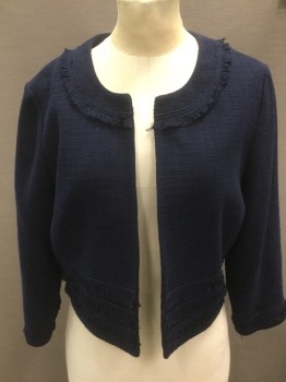 Womens, Blazer, KARL LAGERFELD, Navy Blue, Polyester, Cotton, Solid, M, No Buttons, No Snaps, Fringe Detail on Neck and Sleeve