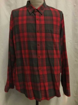 JCREW, Red, Gray, Black, Cotton, Plaid, Red/ Gray/ Black Plaid, Button Front, Collar Attached, Long Sleeves, 1 Pocket,