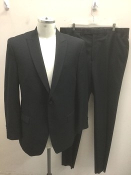 CALVIN KLEIN, Black, Wool, Stripes - Vertical , Black with Self Vertical Stripes, Single Breasted, Peaked Lapel, 2 Buttons, 3 Pockets, Solid Black Lining