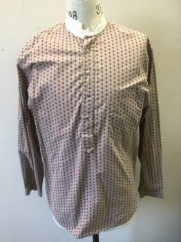 Mens, Historical Fiction Shirt, WAH MAKER, Beige, White, Red, Maroon Red, Cotton, Diamonds, M, Beige and White Stripes Echoing Red and Maroon Diamonds Pattern, Solid White Band Collar, Semi Open with 4 Button Closure at Front, 1 Patch Pocket, Old West Reproduction **Has Makeup Stains on Collar