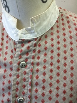 WAH MAKER, Beige, White, Red, Maroon Red, Cotton, Diamonds, Beige and White Stripes Echoing Red and Maroon Diamonds Pattern, Solid White Band Collar, Semi Open with 4 Button Closure at Front, 1 Patch Pocket, Old West Reproduction **Has Makeup Stains on Collar