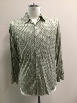 PERRY ELLIS, Khaki Brown, Black, Rayon, Novelty Pattern, Long Sleeves, Collar Attached, Button Front, 2 Button Down Patch Pockets